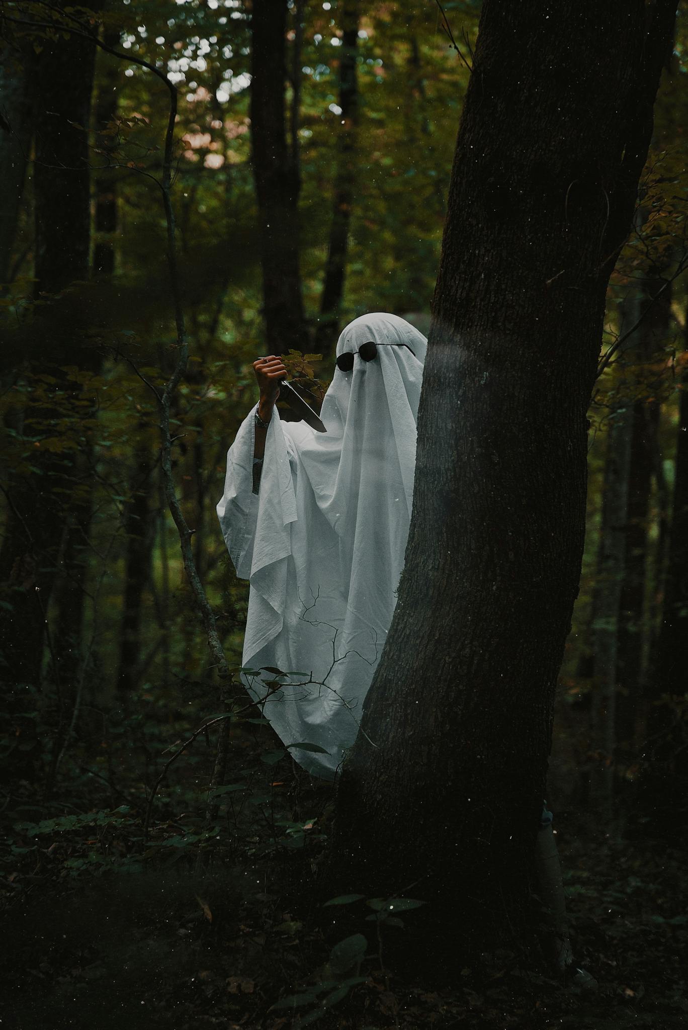 A ghostly figure holding a book in a dark forest, creating an eerie atmosphere.