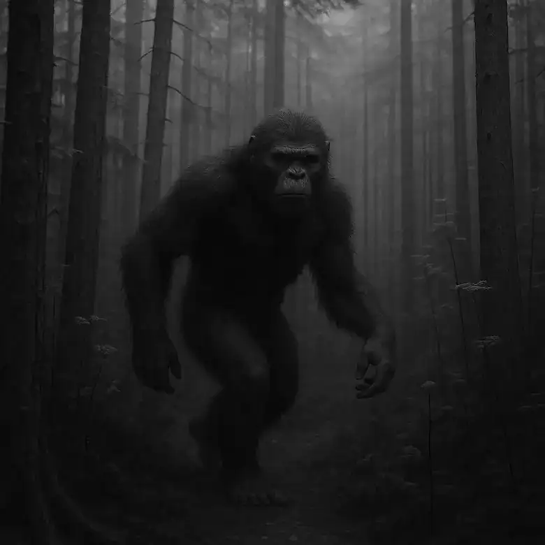 A black and white image of a gorilla walking through the woods.