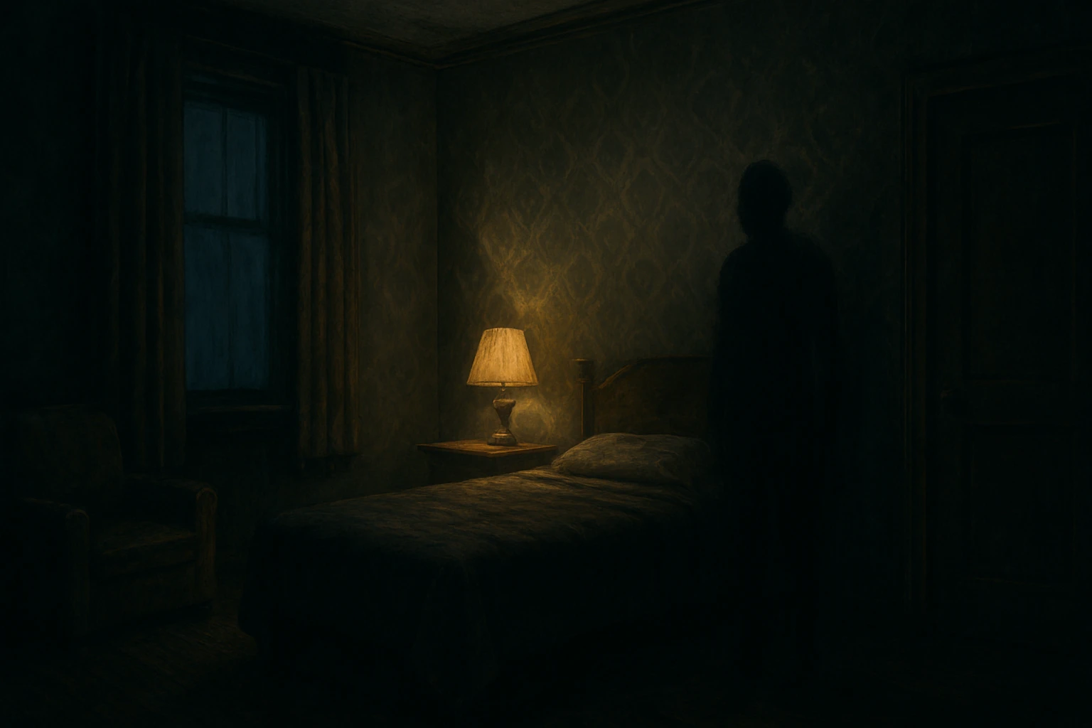 Illustration of an old hotel room dimly lit with a shadowy figure watching from the corner