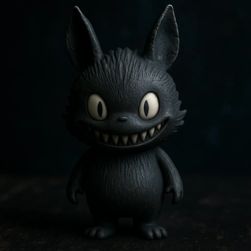 A close-up digital photograph of a Labubu Doll with a mischievous, eerie expression and subtle dark background, capturing the toy’s mysterious and haunting allure.