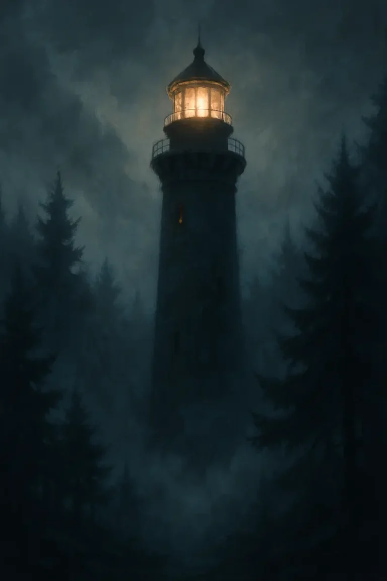 A fog-covered lighthouse with a glowing lantern, standing tall amidst a dense forest, casting an eerie light through the mist.