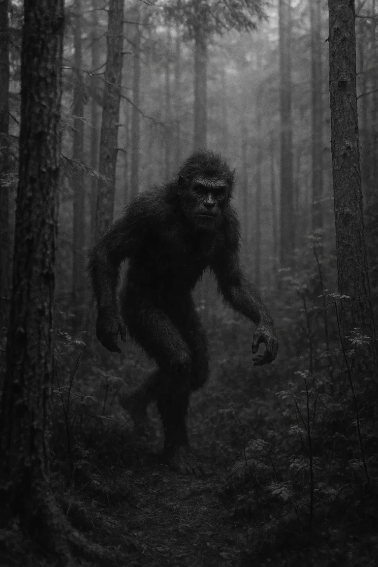 A haunting black-and-white photograph depicting a shadowy figure blending into the dense Swedish forest, evoking primal instincts and mystery.