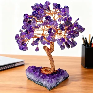 Amethyst Healing Crystals Tree Wrapped with Wire on Natural Crystal Gravel with Base Stone Decoration for Home Desk Living Room